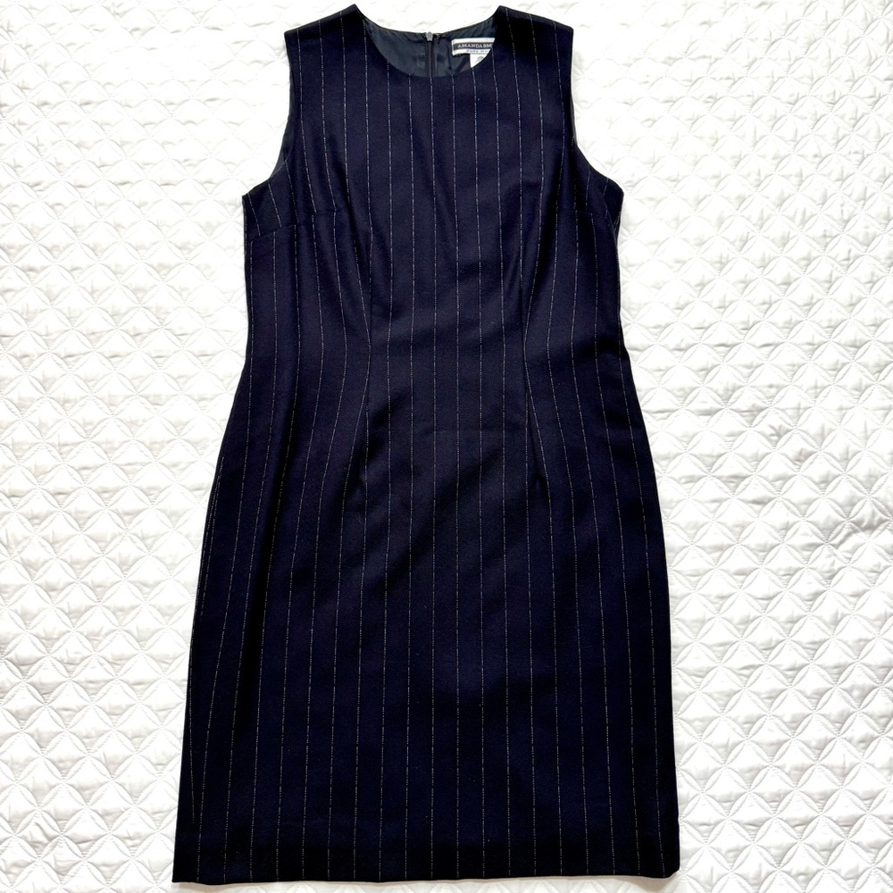 Amanda Smith 100% Pure Wool Navy Blue White Stripe Sheath Sleeveless Dress Sz 8 - Picture 3 of 15